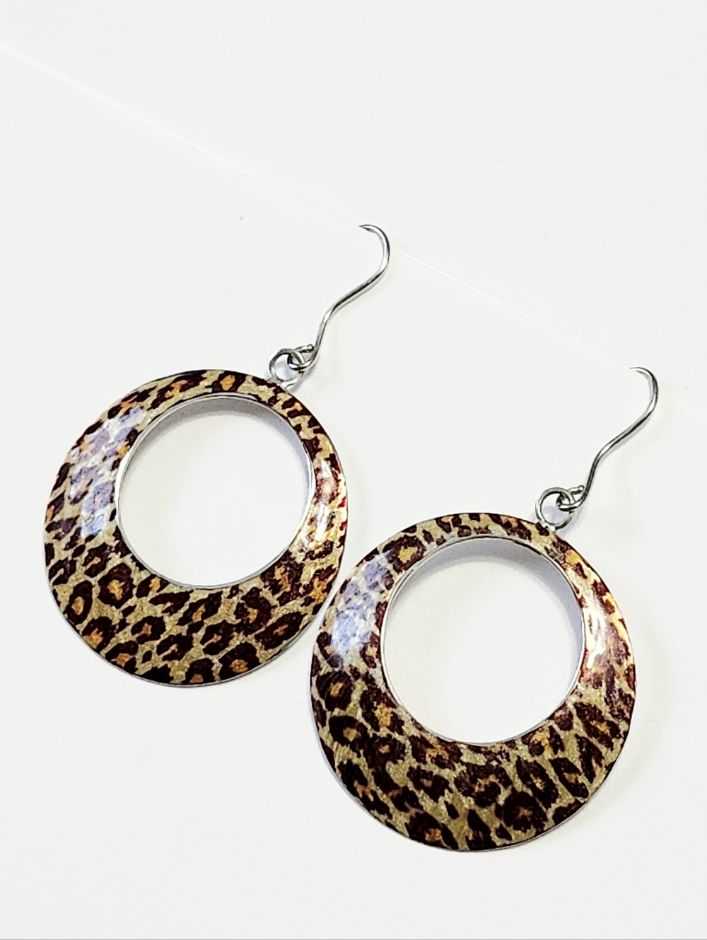 Sterling Silver Enamel Leopard Print Open Hoop Dangle Earrings 2" - Picture 5 of 10